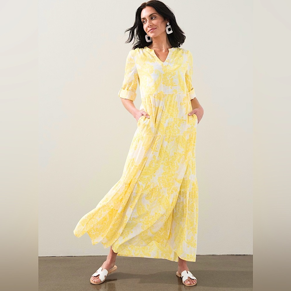 NWT CHICOS TIERED PAISLEY YELLOW WHITE PINEAPPLE DRESS MAXI SIZE 3